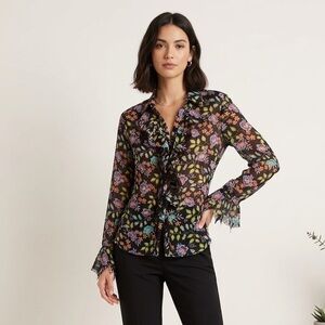 NY Collection Vintage Black Floral Chiffon Long Sleeve Shirt 1X